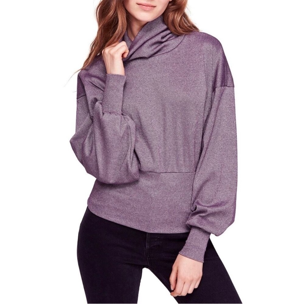 Free People Cowl Neck Shimmering Purple Long Sleeve Blouse size Small